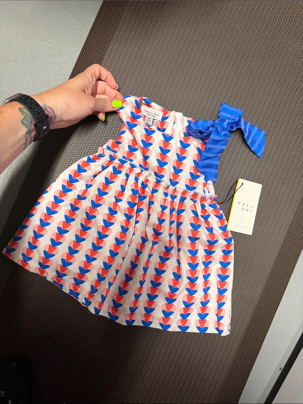 Yell-oh Heart Print Ruffle Strap Dress in Red & Blue
